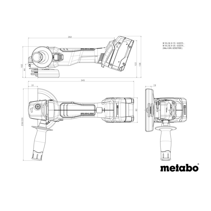 Акумуляторна кутова шліфувальна машина Set W 18 L BL 9-125(безщітковий двигун) з алмазним відрізним диском,тримачем CED 125 + MetaBOX (691225000)