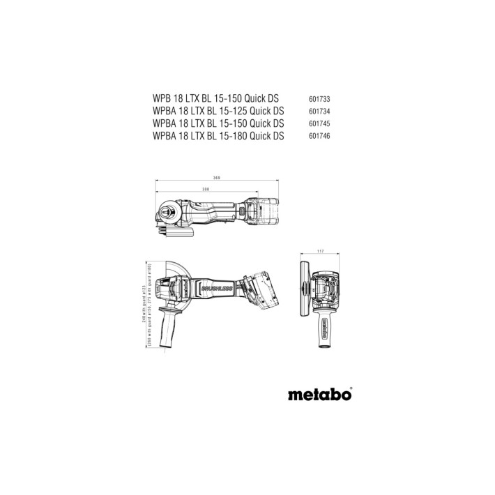 Акумуляторна кутова шліфувальна машина WPBA 18 LTX BL 15-150 Quick DS з кнопкою безпеки,гальмом і скобою DS + MetaBOX (без акум.,без зарядн. пристрою)(601745840)