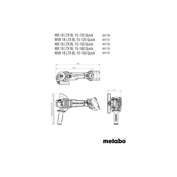 Акумуляторна кутова шліфувальна машина WVB 18 LTX BL 15-150 Quick з гальмом,регулюванням обертів + MetaBOX (без акум, без зарядн. пристрою) (601747840)