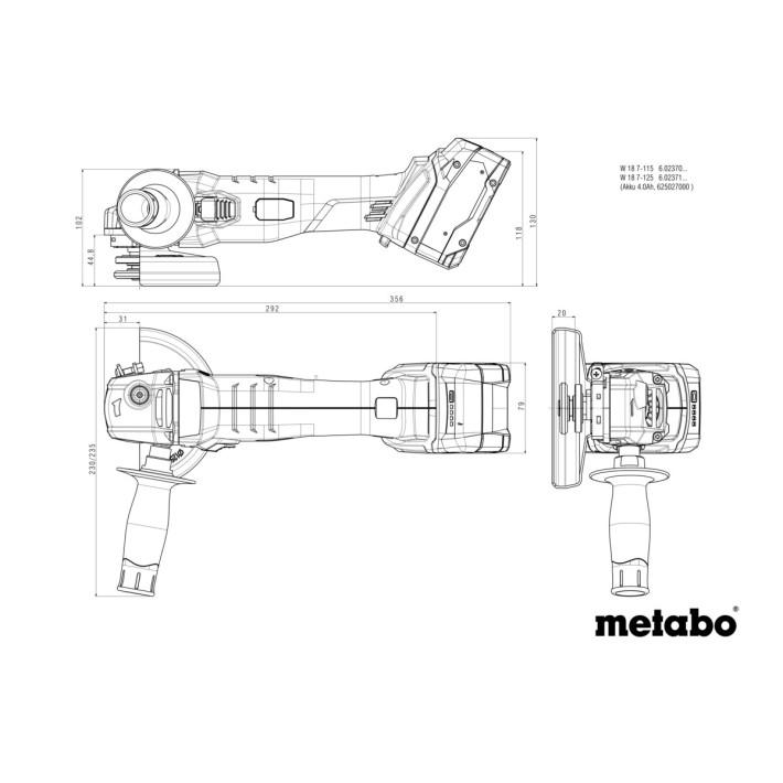 Акумуляторна кутова шліфувальна машина W 18 7-125 + кейс MetaBOX (без акум. блока, без зарядн. пристрою) (602371840)