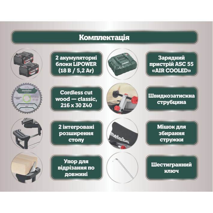 Акумуляторна торцювальна пила KGS 18 LTX BL 216 (614216650) 18V 2x5.2Ah LiPOWER; Зарядний пристрій ASC 55; ; з функцією протягання