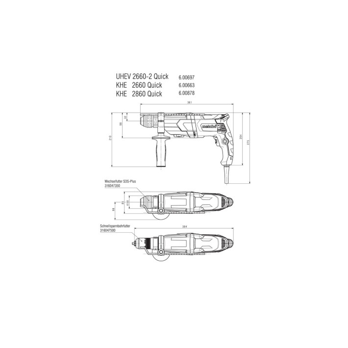 Мультиперфоратор UHE 2660-2 Quick Set (4 режими) + набір свердел/зубил(10 шт.),патрон SDS-Plus,ШЗСП з циліндричним хвостовиком і кейс MetaBOX (600697510)